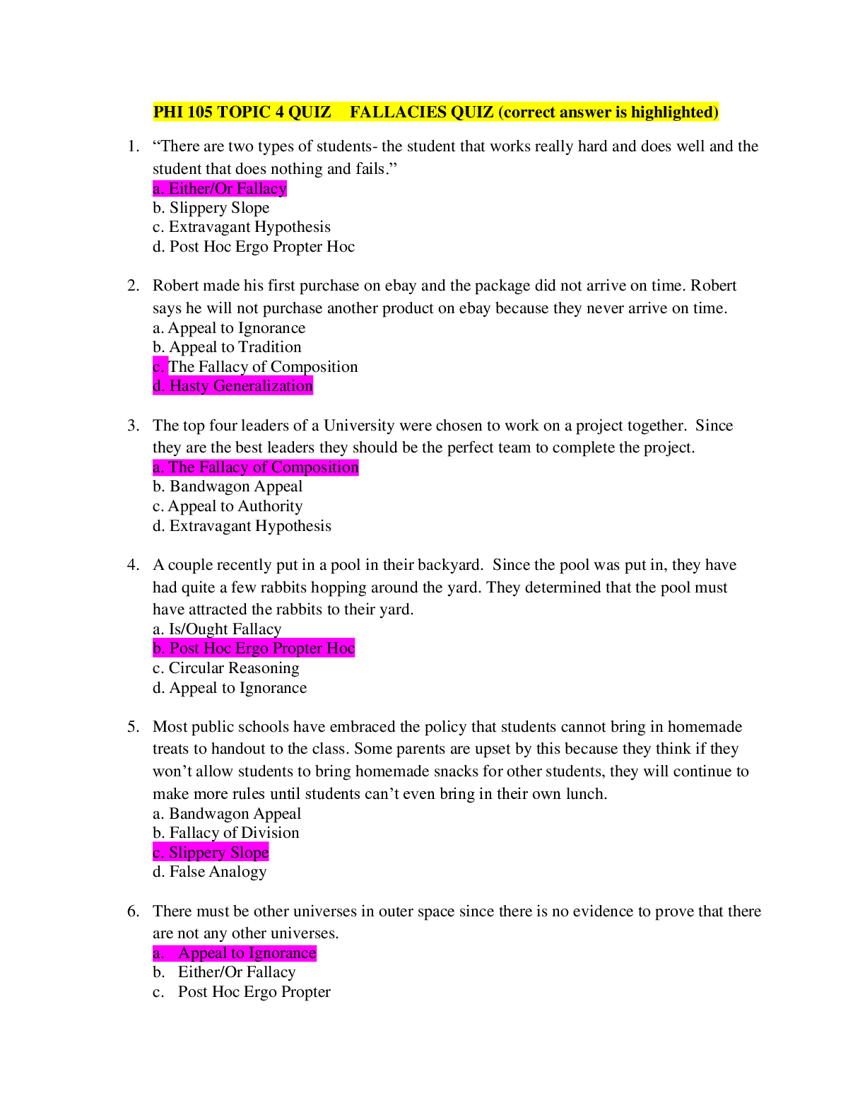 Preview image for PHI 105 Topic 4 Quiz: Fallacies In Everyday Life Quiz (Version 1), Grand Canyon University.2021 Grade A
